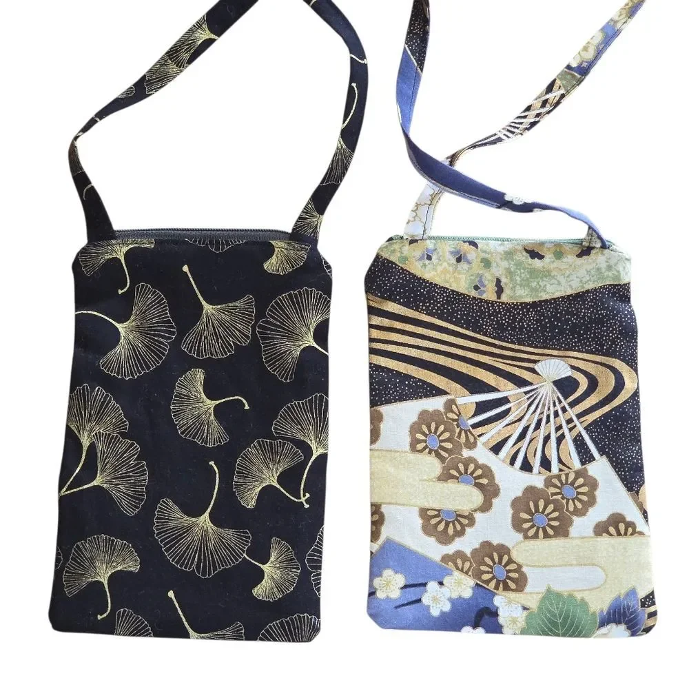 Crossbody Phone Bag ID Card Slot LOT OF 2 Decorative Asian Prints Gingko NWOT